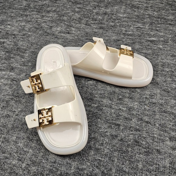 Tory Burch Shoes - Tory Burch Buckle Bubble Jelly Slide Sandals Gold Logo New Ivory 8M